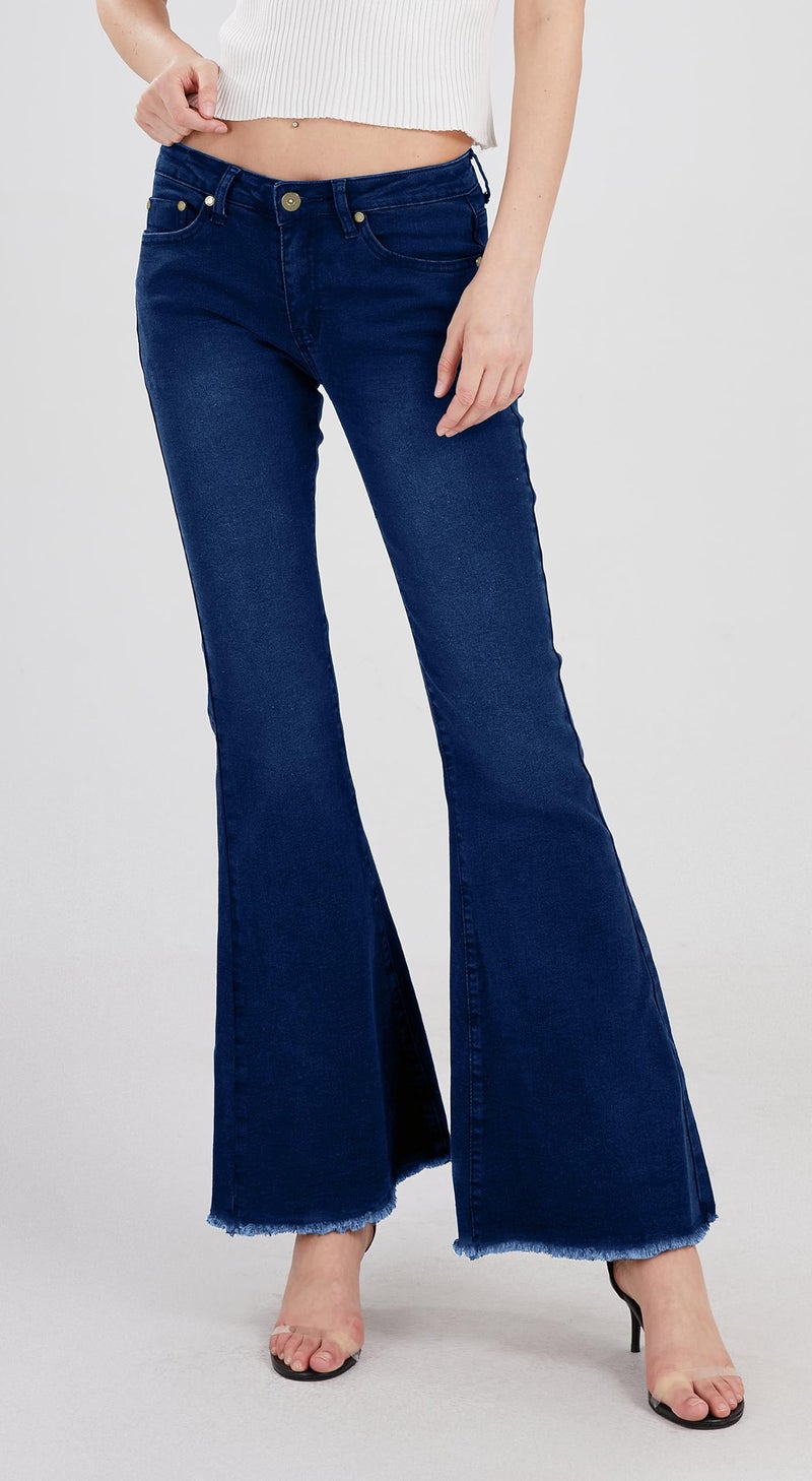 CHARTOU Women's Asymmetric Tassel Flared Slit Ripped Jeans Denim Pants (Medium, Navy Blue) - Image 3